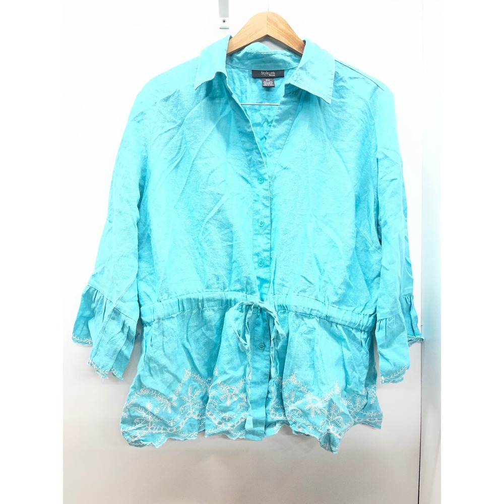 Style & Co Woman Turquoise Linen Embroidered Drawstring Top Blue 16W